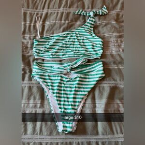 Aerie Striped One-Shoulder Bikini in Green and White